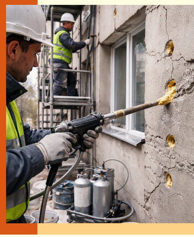 Заполнение пустот в фасаде и утепление стен в Тихвине